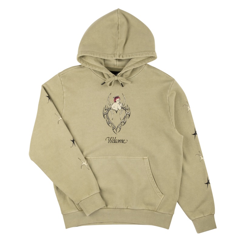 Welcome Halo Printed Pigment-Dyed Hoodie – Moss Small Moss