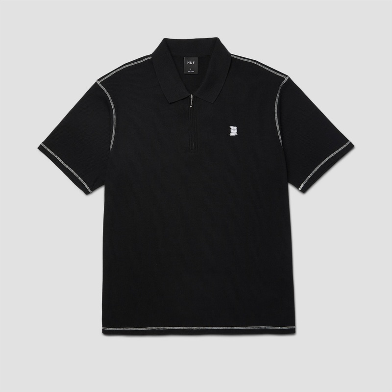 HUF Waffle Knit Contrast Shortsleeve Polo Top Black Small