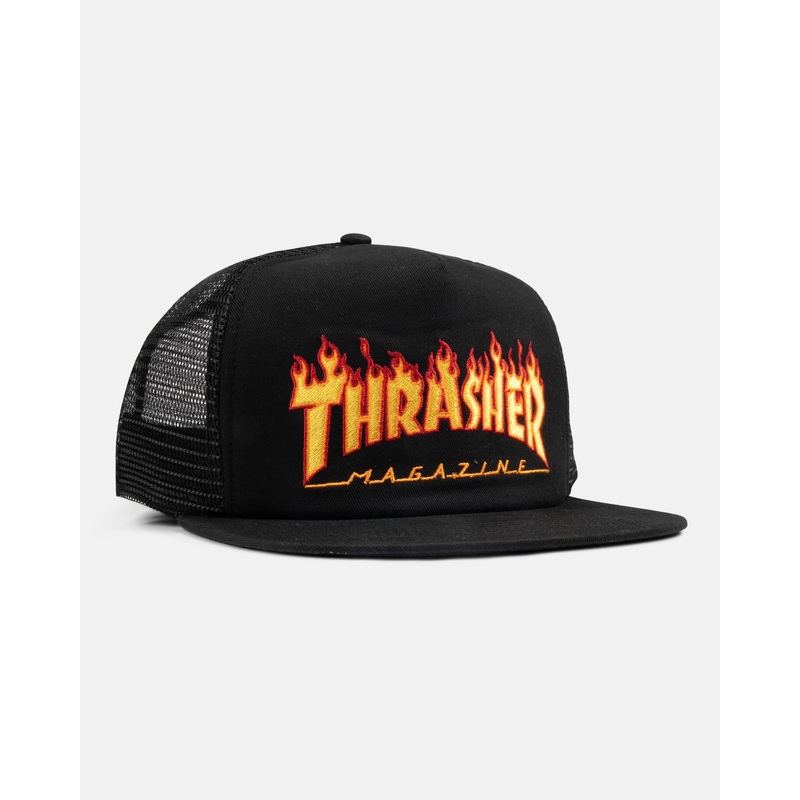 Thrasher Embroidered Flame Logo Mesh Snapback Hat – Black Black