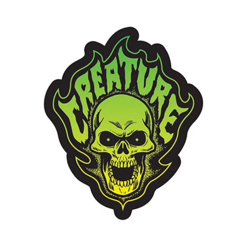 Creature Skateboards Bonehead Flame Sticker Black/ Green/ Yellow 3.125″