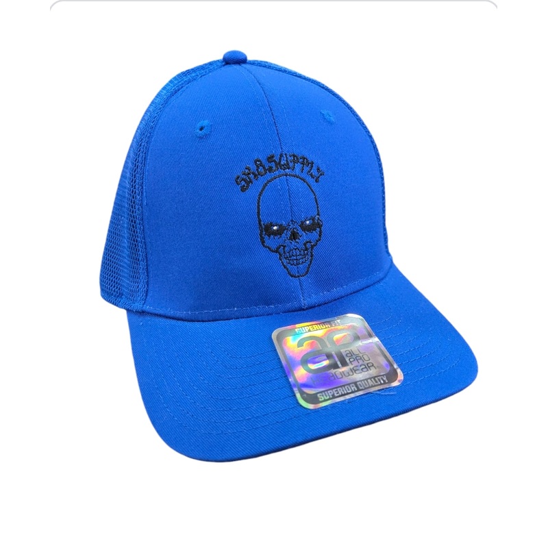 SK8SUPPLY Wes Humpston Skull Logo UPGRADED TRUCKER snap back hat – BLUE BLACK