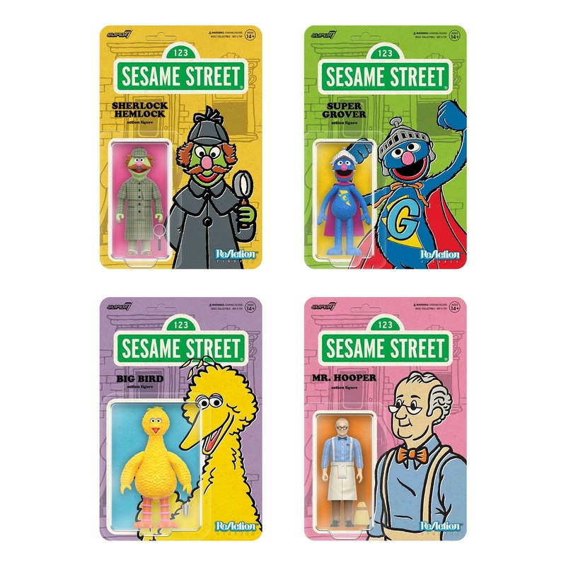Super7 x SESAME STREET – SUPER GROVER, SHERLOCK HEMLOCK, MR. HOOPER, BIG BIRD ReAction Figures
