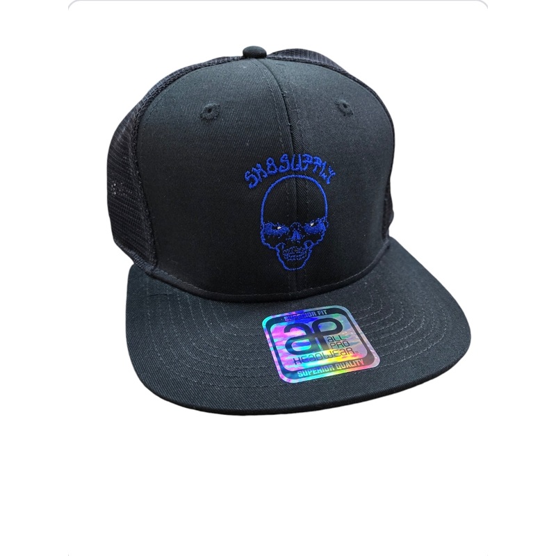 SK8SUPPLY Wes Humpston Skull Logo UPGRADED TRUCKER snap back hat – BLACK BLUE
