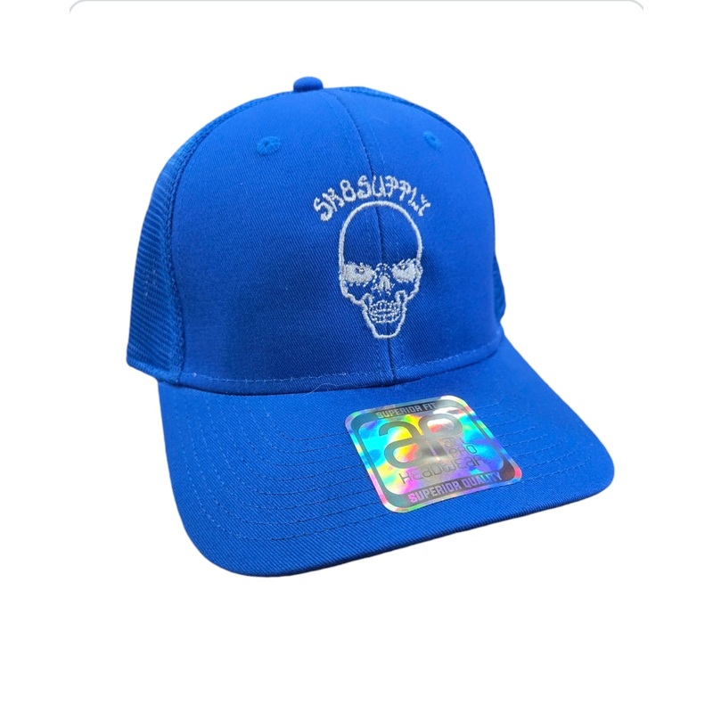 SK8SUPPLY Wes Humpston Skull Logo UPGRADED TRUCKER snap back hat – BLUE WHITE