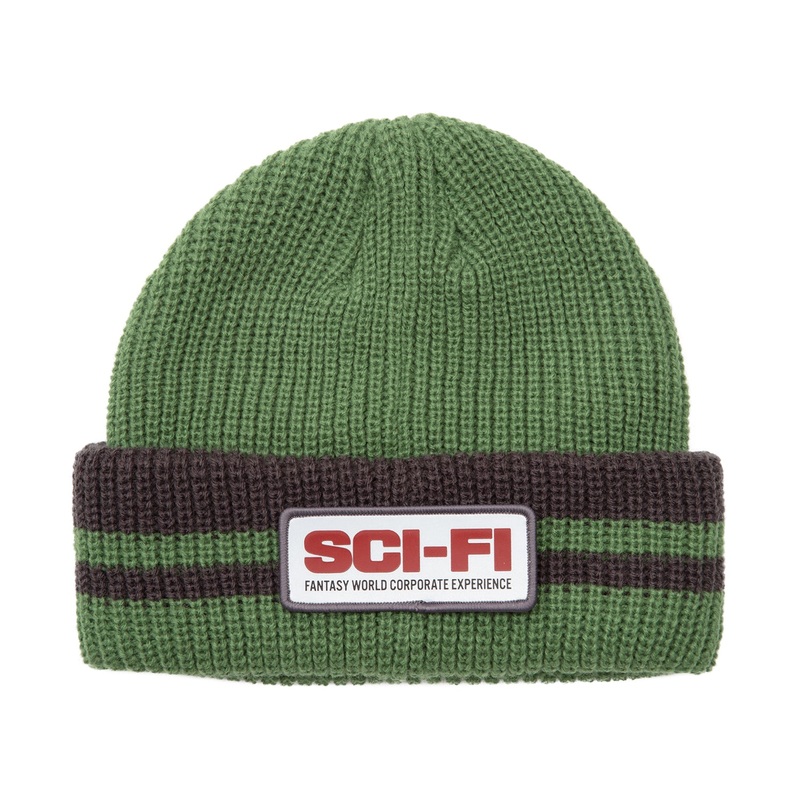 Sci-Fi Fantasy Reflective Patch Striped Beanie Olive/Grey