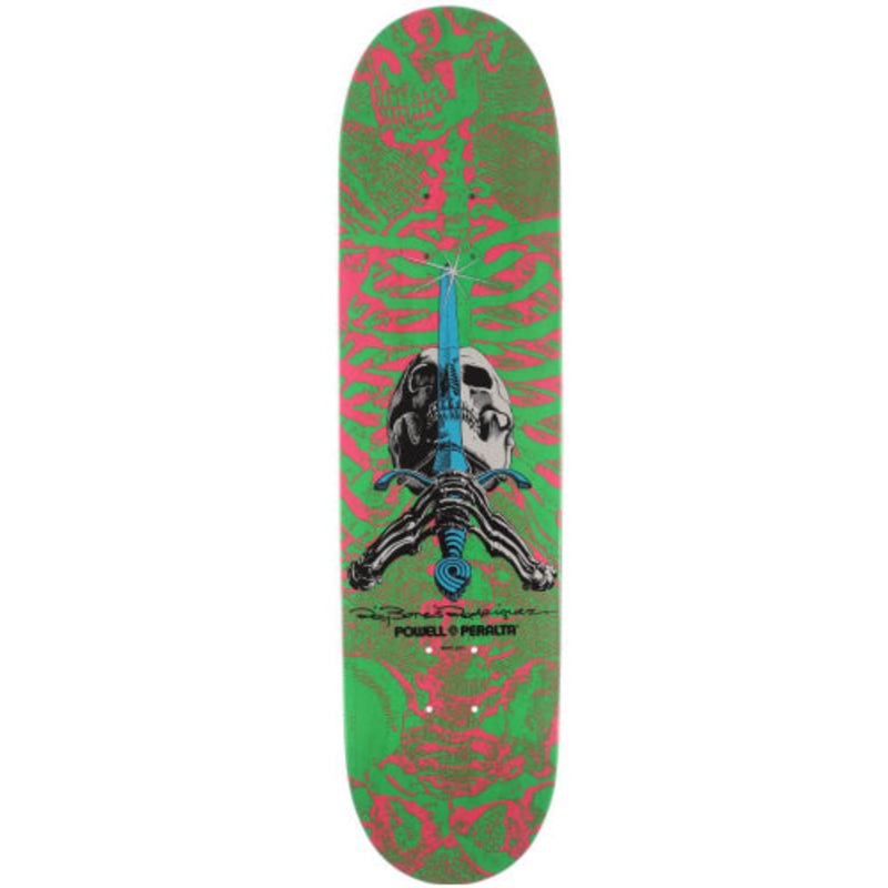 Powell Peralta Rodriguez Skull and Sword Skateboard Deck Green, Pink 8.0″ 8.0″