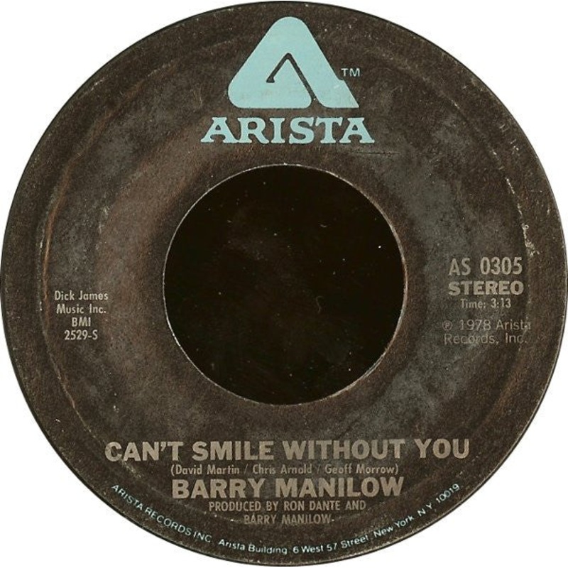 Barry Manilow  Can’t Smile Without You Vinyl 7″ Record *Used 1978 Release*