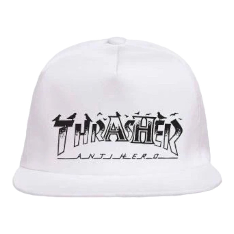THRASHER X ANTI-HERO PIGEON MAG SNAPBACK HAT WHITE OS