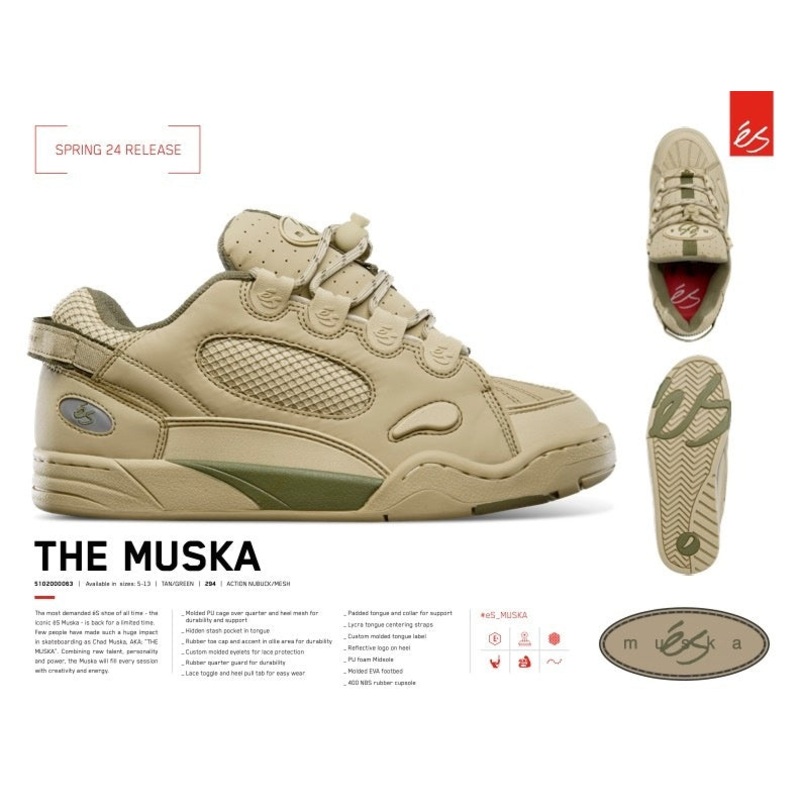 eS THE MUSKA Tan Green Skate Shoes M 5 Tan / Green