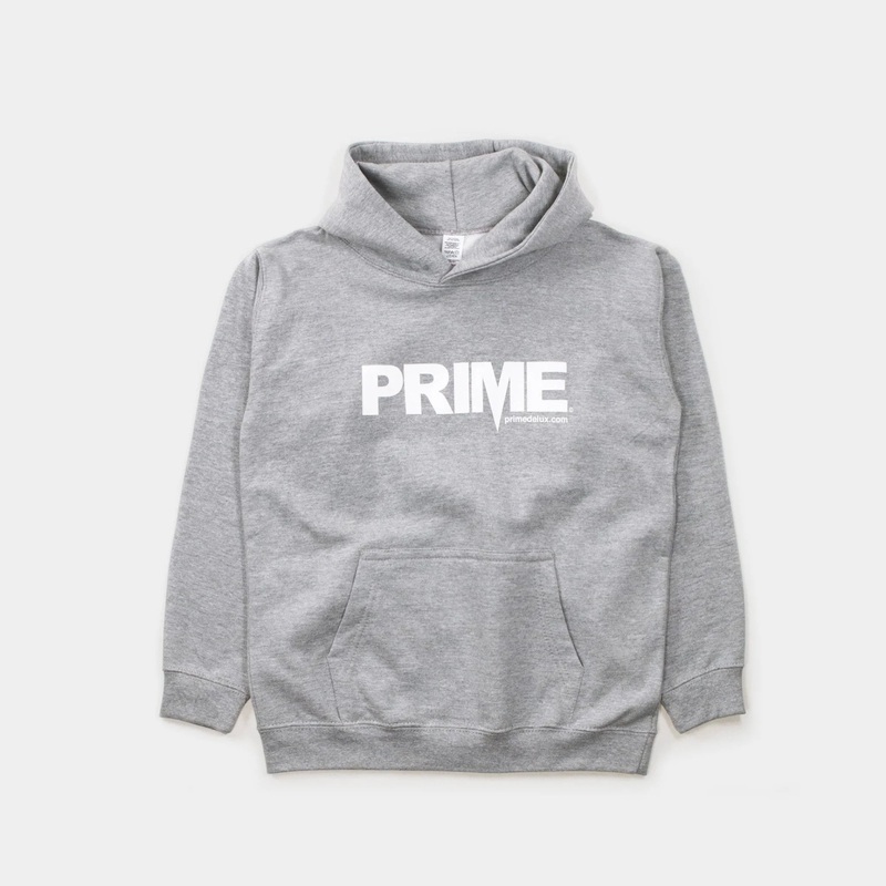 Prime Delux OG Logo Kids Hooded Sweat – Heather Grey/ White Kids S