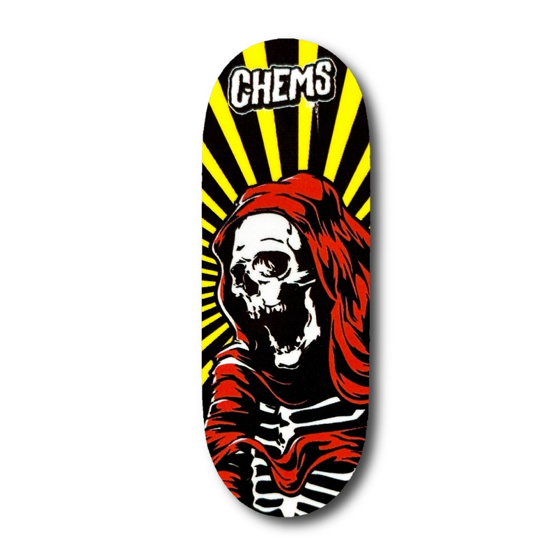 Chems Yellow Background Red Rising Reaper Fingerboard Deck 29mm Mid-Pro Popsicle