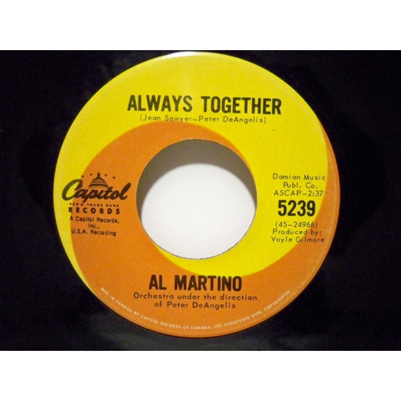 Al Martino  Always Together / Thank You For Loving Me Vinyl 7″ Record *Used 1964 Release*