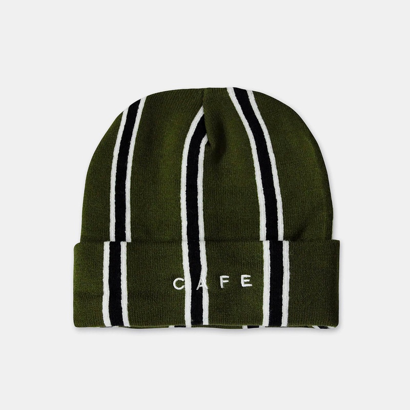 Skateboard Cafe – Vertical Stripe Beanie – Olive / Black / White