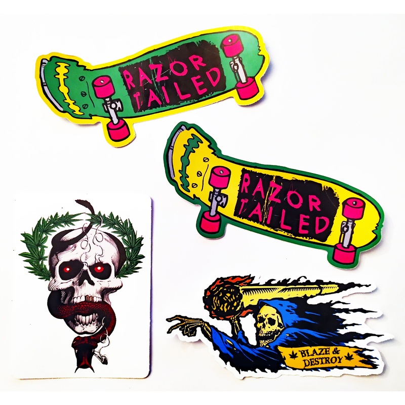 Razortailed Stickers set of 4, including “Mike McChill” & “Blaze & Destroy”