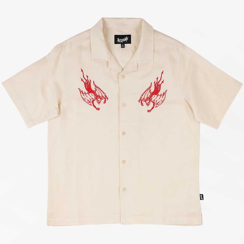 Welcome Hellion Embroidered Linen Short Sleeve Button Up Shirt Small Bone