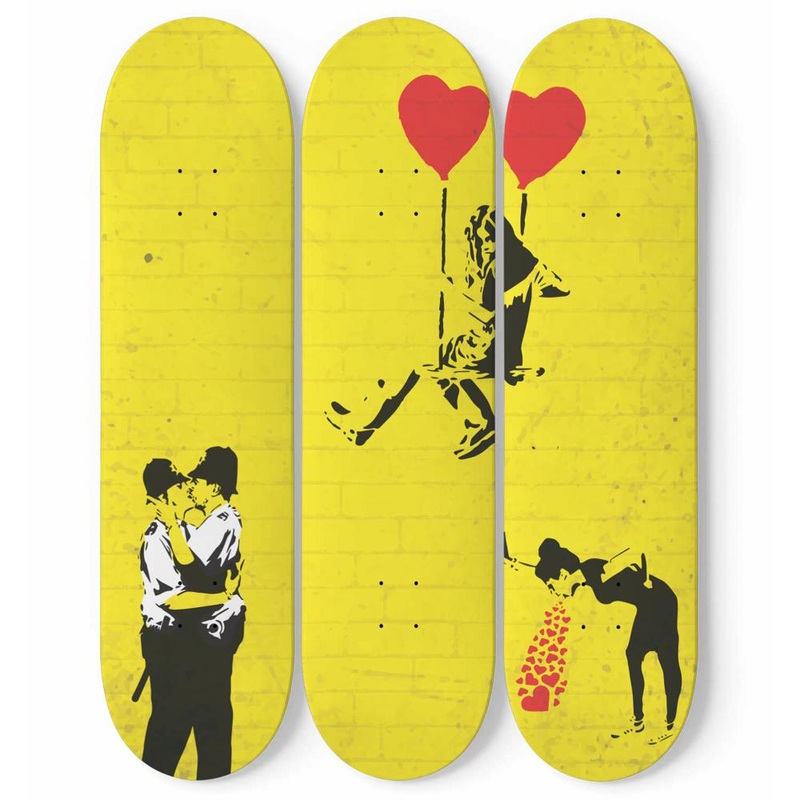 Kissing Coppers, Girl Sitting On A Swing of Red Heart Balloon and Love Sick Banksy Graffitis
