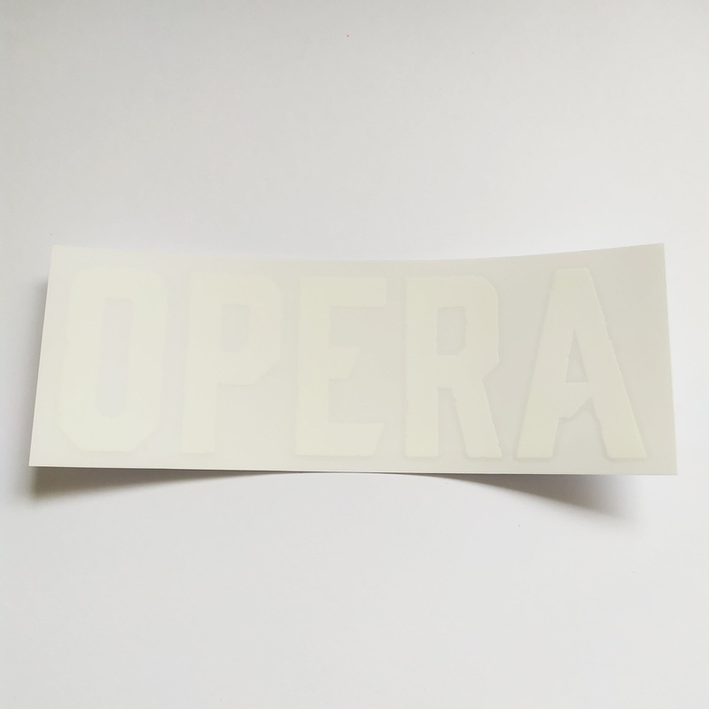 Opera Skateboards Rub-On Skateboard Sticker – White on Clear – 18cm across approx